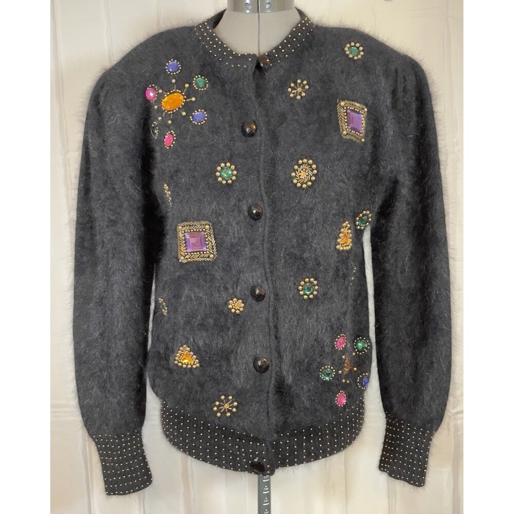 Vintage Shannon Cardigan Angora Lambswool Black Gold Bejeweled Grannycore Soft M